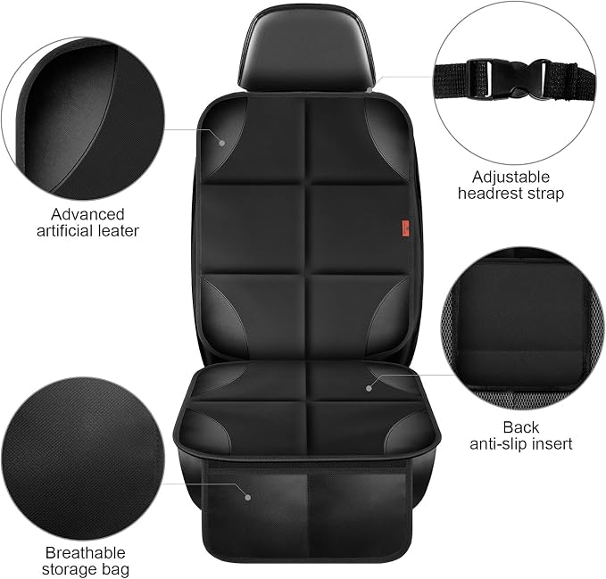 XHYANG Car Seat Protector 1 Pack Car Seat Cushion Mat Thickest Padding,Waterproof 600D Fabric Car Seat Covers for Non-Slip Backing Mesh Pockets for Baby and Pet (Black, 1 Pc)