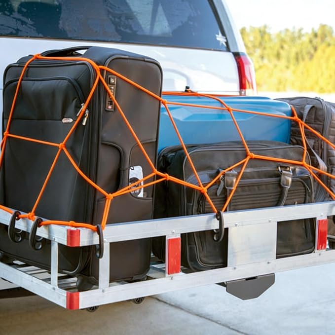 Small Cargo Net 30"x15" Stretches to 60"x30" with Thicken Hooks | Natural Latex Core, Tight 2”x2” Mesh Heavy Duty Bungee Net for Motorcycles, ATVs, Kayaks and RVs (Orange, 1 Pack)