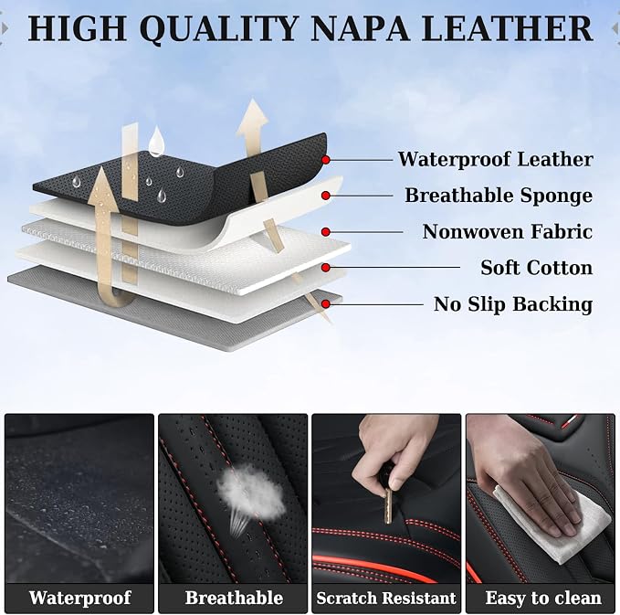 Coverado Seat Covers, Car Seat Covers Full Set, Leather Seat Covers for Cars, Automotive Seat Covers Car Seat Protector Car Accessories Fit for Most Sedans SUV Pick-up Truck(Black&Red)