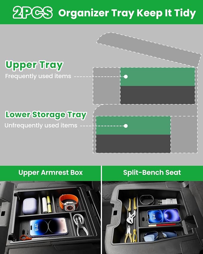 Center Console Organizer, 2PCS Storage Tray Compatible with 2019-2025 Chevy Silverado/GMC Sierra 1500 & 2020-2025 Chevy Silverado/Sierra 2500HD 3500HD (Split-Bench Folding Seat)-Black