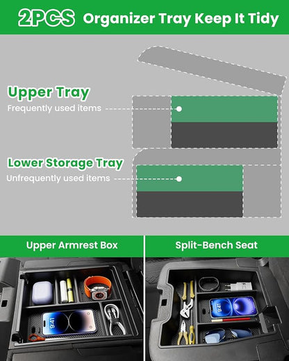 Center Console Organizer, 2PCS Storage Tray Compatible with 2019-2025 Chevy Silverado/GMC Sierra 1500 & 2020-2025 Chevy Silverado/Sierra 2500HD 3500HD (Split-Bench Folding Seat)-Black