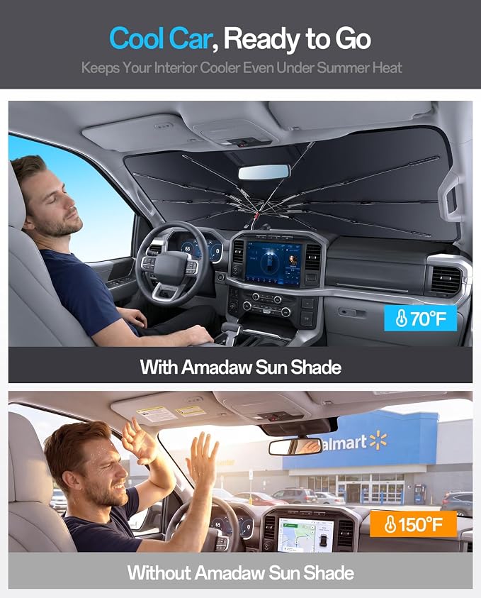 Car Windshield Sun Shade Umbrella for Ford F150 2000~2026(Ice Crystal + Fabric + Black Film), Keeps Car Cool, Foldable Sunshade with Soft Edge, Easy Storage with Bag