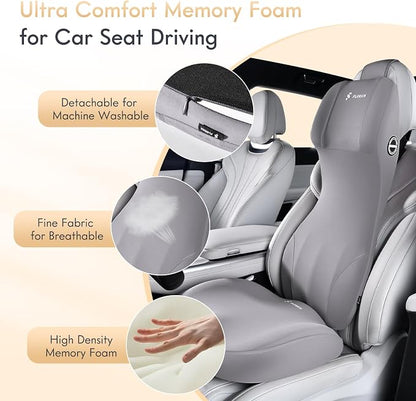 FLORICH Car Seat Cushion and Lumbar Support Headrest Pillow Memory Foam Seat Cushion Ergonomic 2-in-1 Car Neck Pillow & Back Support for Car Truck Seat Long Driving Sciatica Tailbone Pain Relief, Gray