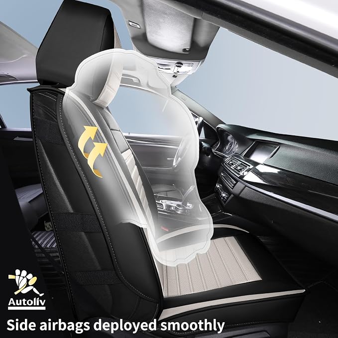 HChengkikz Car Seat Covers Full Set, Breathable Nappa Leather Seat Covers, Horizontal Stripes Automotive Seat Covers, Universal Seat Cushions for Sedan SUV Truck (5 PCS Full Set, Black + Cream)