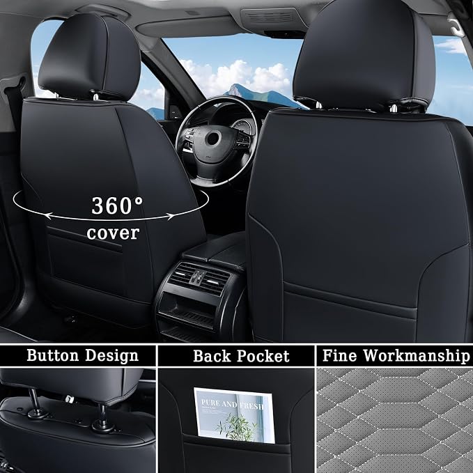 Coverado Car Seat Covers, Front Seat Cover, Waterproof Nappa Leather Seat Covers for Cars, 2 Pack Car Seat Protectors Driver Seat Cover, Automotive Seat Covers Universal Fit for Most Cars, Black&Gray