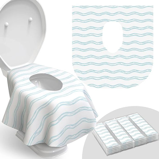Relyo Disposable Toilet Seat Cover for Travel – 20 Pack with Covers Wrapped in Sets of 2, Non-Flushable Liners, Fits Most Seats – Kids, Toddlers, Adults (Waves, 20)