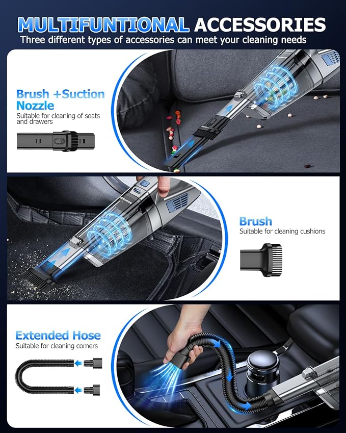 BQYPOWER Handheld Vacuum Cordless, 16000PA Strong Suction Hand Held Vacuum Cordless Rechargeable with Multiple Accessories, Portable Car Vacuum Cleaner High Power for Car Home Office
