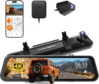 WOLFBOX G900 PRO-N Mirror Dash Cam with 8MP STARVIS 2 IMX678, 12" 4K Front and 2.5K Rear View Mirror Camera, 5.8GHz WiFi, Voice Control, Smart Night Vision, Loop Recording (SD Card Not Included)