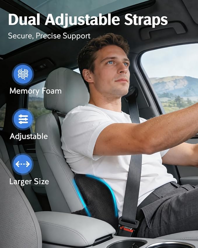 YFONG Lumbar Support Pillow for Car Seat, Back Support with Adjustable Straps Securely Fixed for Driving Seat Pain Relief, Office Chair Car Essentials Back Cushion, Black