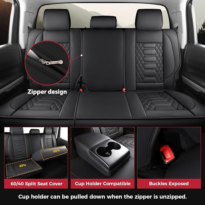 FREESOO Tundra Seat Covers 2007-2013, Fit for Toyota Tundra Crewmax Cab 5 Seats, Custom Truck Seat Covers with Waterproof Faux Leather Black