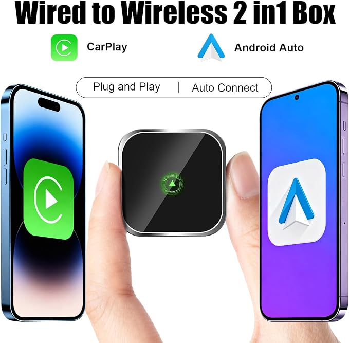 2-in-1 Mini Wireless CarPlay Adapter for Apple iPhone & Android Auto Adapter,2025 Upgrade Wired to Wireless,Plug & Play, Fast Stable Connection Car Play for iOS 10+/Android 11+,USB-A/Type-C Cable