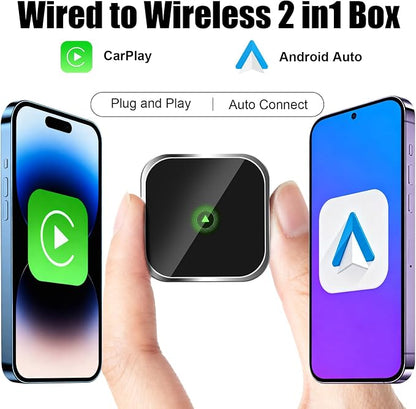2-in-1 Mini Wireless CarPlay Adapter for Apple iPhone & Android Auto Adapter,2025 Upgrade Wired to Wireless,Plug & Play, Fast Stable Connection Car Play for iOS 10+/Android 11+,USB-A/Type-C Cable