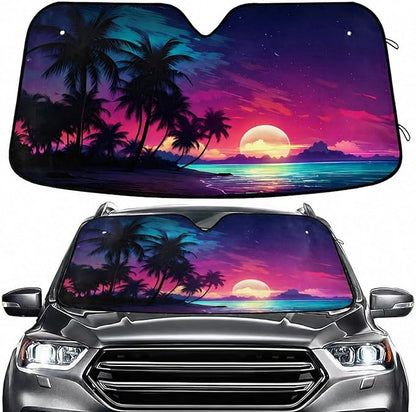 Windshield Sun Shade Palm Tree Beach Tropical Front Window Block UV Shades Visor Reflective Retractable for Car SUV Trucks