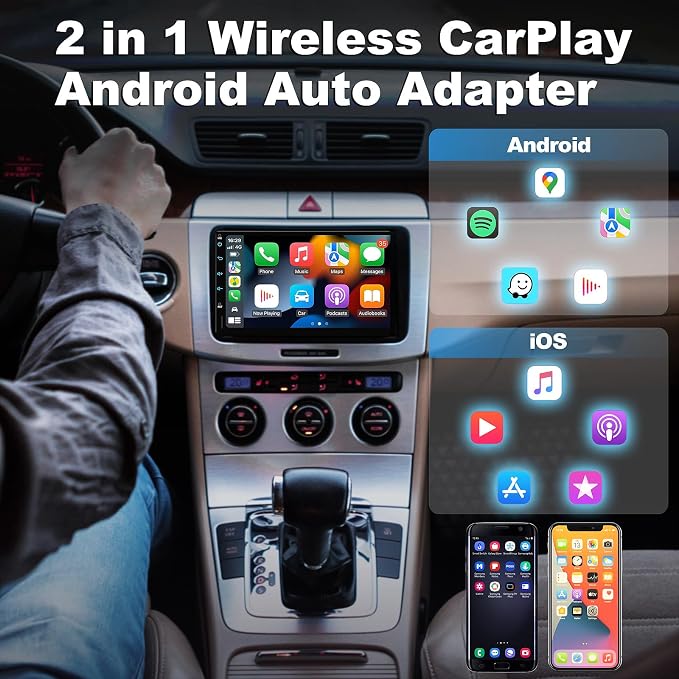 2 in 1 Wireless CarPlay & Android Auto Adapter, Plug & Plug Auto Connect No Delay, Converts Wired to Wireless for Factory Wired Cars from 2016+, Compatible for iPhone & Android Phone, USB-C to A Cable