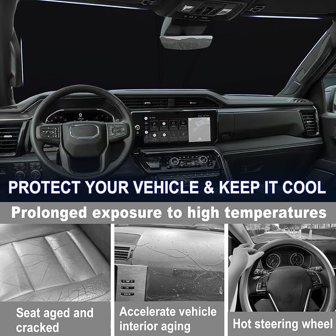 Windshield Sun Shade for 2023-2026 Chevy Silverado/GMC Sierra 1500, 2024-2026 Silverado/Sierra 2500HD 3500HD & 2022 Refreshed Model, Fully Covered Foldable Front Sun Shade, Blocks UV Rays and Heat