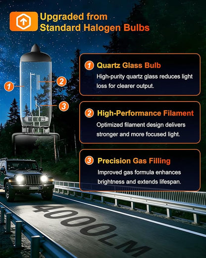 H11 Headlight Bulbs, 12V 55W, 4000 Lumens, 3800K, Halogen Light Bulbs, No Glare, Headlight Bulbs High and Low Beam, Fog Light Bulb,Head Light Bulb for Car, Pack of 2
