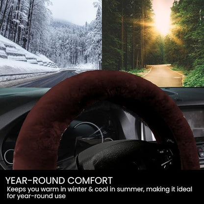 Andalus Brands Luxury Fluffy Car Steering Wheel Covers – Genuine Merino Sheepskin, Soft Fuzzy Car Steering Wheel Cover for Women, Universal 14.5-15" Size, Plush Fur Cute Auto Accessories, Mocha