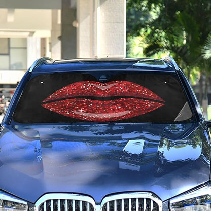 Woman Red Lips Glitter Car Windshield Sun Shade Foldable UV Ray Sun Visor Protector Sunshade to Keep Your Vehicle Cool (55" x 27.6")