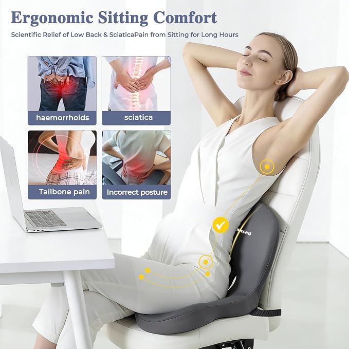 Memory Foam Seat Cushion for Sciatica & Back Pain Relief - Ergonomic Chair Pad with Adjustable Strap & Supportive Comfort Cover, Non-Slip for Car, Truck, Office Chair - Dark Gray