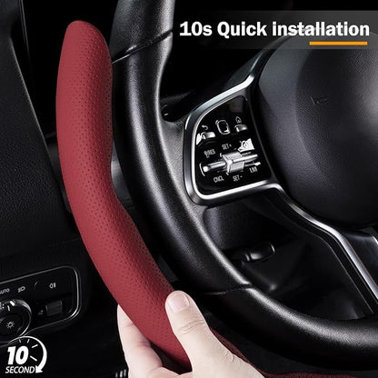 Nappa Leather Car Steering Wheel Cover for Men Women, Ultra-Thin Non-Slip Breathable Microfibre, Universal for 14.5"-15" Steering Wheel - Wine Red