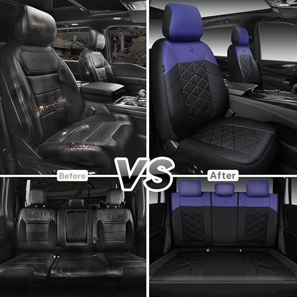 CAR PASS Memory Foam Leather Seat Covers Full Set, Breathable Perforated Nappa Leather Seat Covers Universal Fit for Most Cars,Sedans,SUV,Trucks Thick 3D Foam Comfortable, Airbag Compatible Black Blue