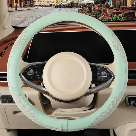 Nappa Leather Green Steering Wheel Cover, Advanced Microfiber Leather Non-Slip Breathable Fabric, Warm in Winter and Cool in Summer, Universal 15 inch
