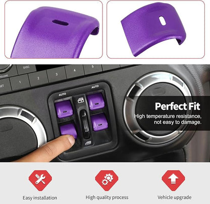 Jimen for JK Window Button Covers, 4PCS Center Console Window Switch Cover Interior Trim Kits Compatible with Jeep Wrangler JK & Unlimited 2012-2018, Aluminum Alloy (Purple)