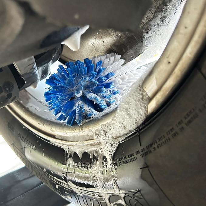 Wheel Brush Kit, Soft Drill Wheel Cleaner Brush, Tire Brush, Detailing Brush, and Detailing Pads, No Scratches Car Wheel Cleaning Kit for Wheels, Tire, Rims, Engines, Exhaust(Blue + White 9 Pk)