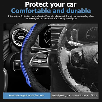 Osilly 15 Inch Car Leather Steering Wheel Cover, Automotive Accessories Elastic Breathable Anti-Slip Soft Wheel Protector Fits Men and Women, Suitable for SUVs, Trucks, Vehicles and RVs (Black/Blue)