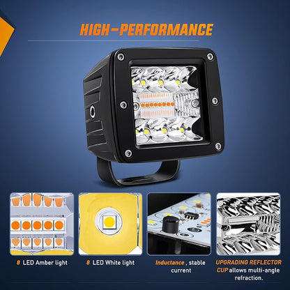 Nilight 2PCS 42W Light Bar 3Inch Cube Pod Light Amber White Strobe 6 Modes Memory Function, Ideal for Fog & Snow Conditions, Off-Road Truck Car ATV Jeep Boat with 16AWG Wiring Harness Kit-2 Leads