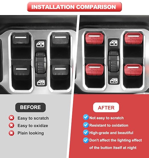 Fits for JL Jeep Upgrade Window Switch Button Cover 4 PCS Compatible with Jeep Wrangler JL JLU 2026-2023 2022 2021 2020 2019 2018&Gladiator JT 2020-2026 Interior Accessories (Matte Metallic Red)