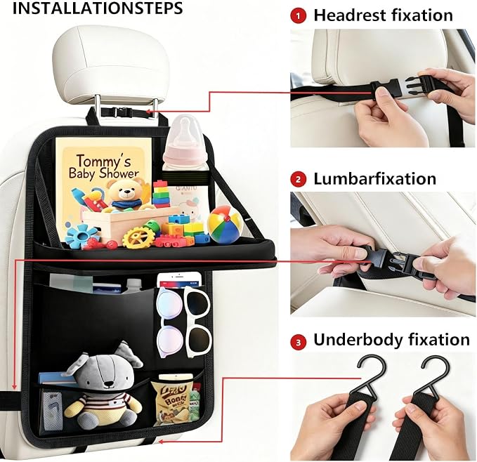 TCJJ Car Seat Organiser, Backseat Car Organizer for Kids, Car Backseat Seat Kick Protector With Tray and Touch Screen Tablet Storage Pockets Black/2 Pack