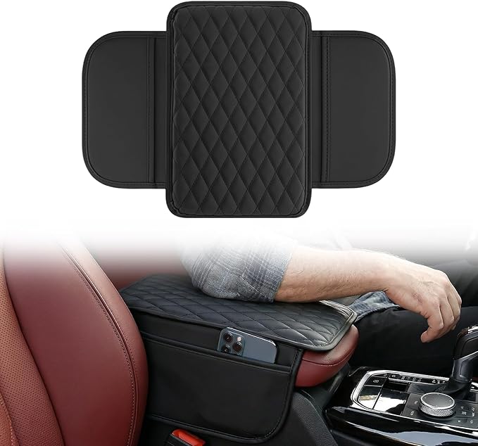 Center Console Cover, PU Leather Car Armrest Cover with Storage Pocket, Ergonomic & Anti-Slip, Universal Car Center Console Organizer for Vehicles, SUV, Truck, Sedan