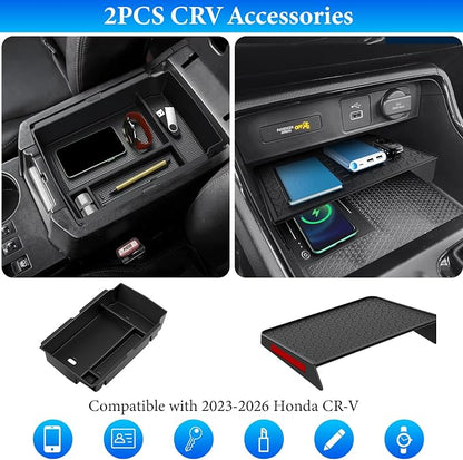 YPHUIKI 2PCS Center Console Organizer Compatible with Honda CRV 2023 2024 2025 2026 Accessories CR-V Hybrid Sport Armrest Storage Box Organizer Tray ABS Material