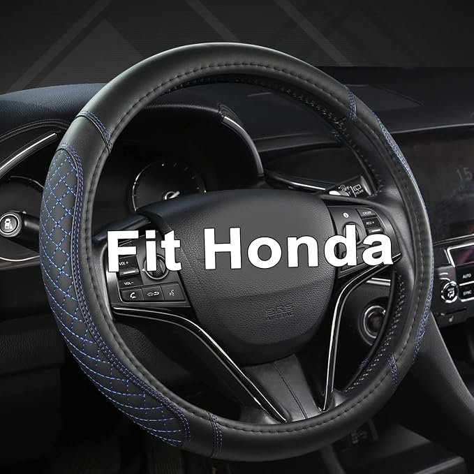 West Llama Customized Auto Car Steering Wheel Cover for Honda Civic, CR-Z, Insight, S2000, 14" - 14.25" (Diamond Quilted-Black+Blue-Small Size)