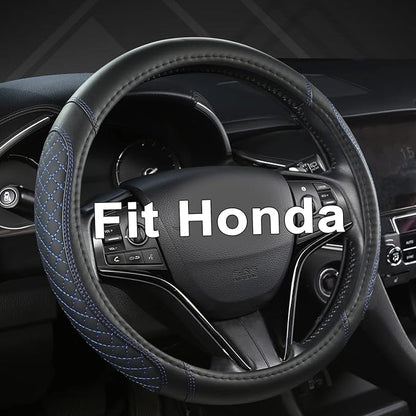 West Llama Customized Auto Car Steering Wheel Cover for Honda Civic, CR-Z, Insight, S2000, 14" - 14.25" (Diamond Quilted-Black+Blue-Small Size)