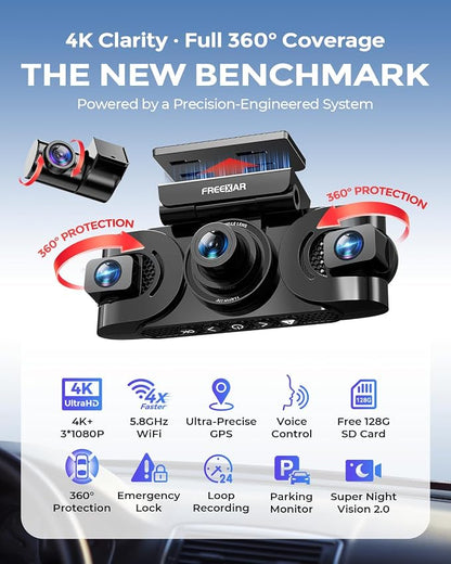 4K 360° Dash Cam, 4-Channel Car Camera Front and Rear Cabin & Sides with GPS, WiFi, Night Vision, 24H Parking Mode, Anti Vandalism for Truckers, Uber, Lyft, Rideshare & Delivery Drivers