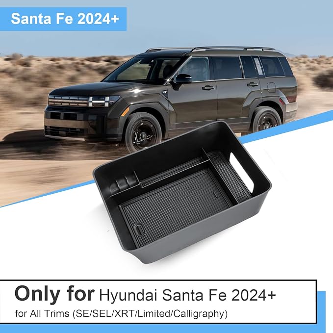 2024 2025 2026 Santa Fe Center Console Organizer for Hyundai Santa Fe (SE/SEL/XRT/Limited/Calligraphy), Durable ABS Plastic&Anti-Slip Rubber Console Tray 2026 2025 Santa Fe Hybrid Accessories
