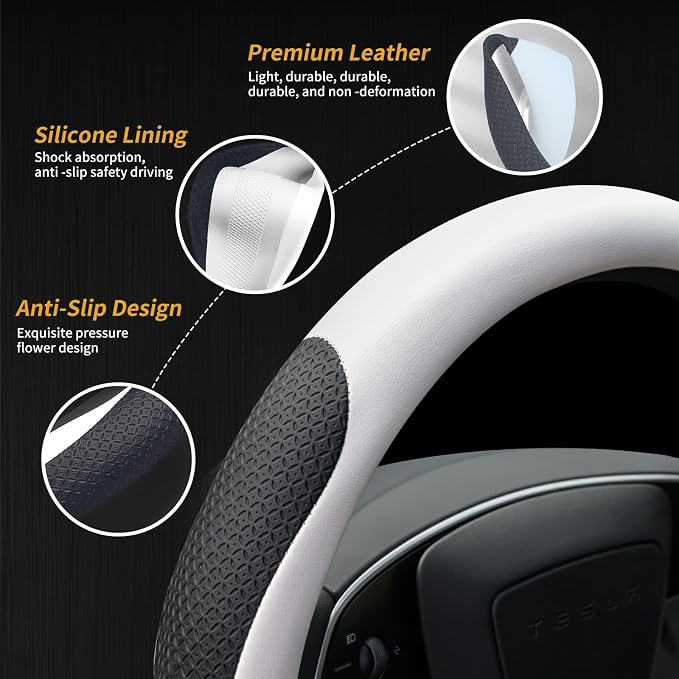 Uxcer Premium Leather Steering Wheel Cover for Tesla Model 3/Y 2016-2025 2026 Juniper/Highland, Non-Slip Breathable Tesla Model 3/Y Steering Wheel Protector, White