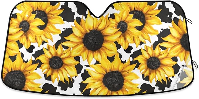 Cars Front Sun Shade Windshield,Foldable Reflective Sun Visor Sunflower Cow Print Pattern Windshield Sunshade Cover,Blocks UV Ray Sun Protect Interior Keep Cool,57" x 31.5 "Inches
