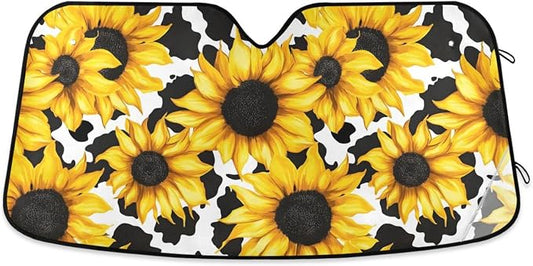 Cars Front Sun Shade Windshield,Foldable Reflective Sun Visor Sunflower Cow Print Pattern Windshield Sunshade Cover,Blocks UV Ray Sun Protect Interior Keep Cool,53" x 23.5 "