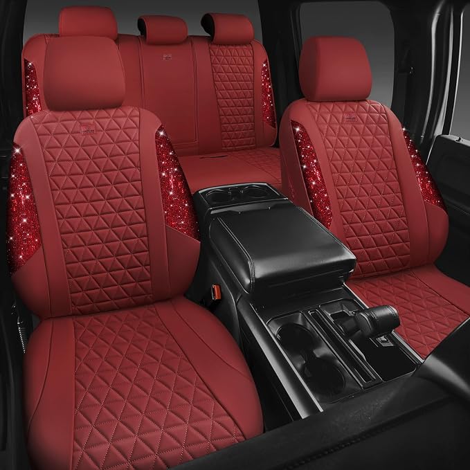CAR PASS Bling Diamond Burgundy Leather Car Seat Covers Full Sets Interior Sets, Waterproof Shining Glitter Sparkly Crystal Universal Armrest Fit Automotive Truck SUV Cute Women Girl, Red Rhinestone