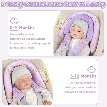 Infant Car Seat Insert with 2 Strap Pads, Carseat Cushion Baby Boy & Girl, Soft and Comfortable Carseat Head Support for Newborn, Purple Rainbow