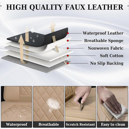 Coverado Car Seat Covers Full Set, 5 Seat Universal Seat Covers for Cars, Luxury Faux Leather Waterproof Seat Cover, Front and Back Car Seat Protector, Auto Seat Cover Fit for Most Vehicles, Beige