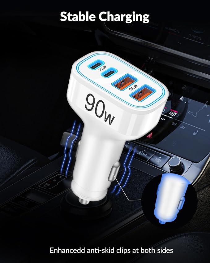 iPhone 17 16 15 Car Charger, 90W 4-Port Fast USB C Car Charger Cigarette Lighter Adapter with 3FT Type C to C Cable for iPhone 17/17 Pro/17 Pro Max/17e/Air/16/16 Pro/16e/15 Pro Max/Plus, iPad, Android