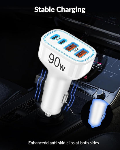 iPhone 17 16 15 Car Charger, 90W 4-Port Fast USB C Car Charger Cigarette Lighter Adapter with 3FT Type C to C Cable for iPhone 17/17 Pro/17 Pro Max/17e/Air/16/16 Pro/16e/15 Pro Max/Plus, iPad, Android