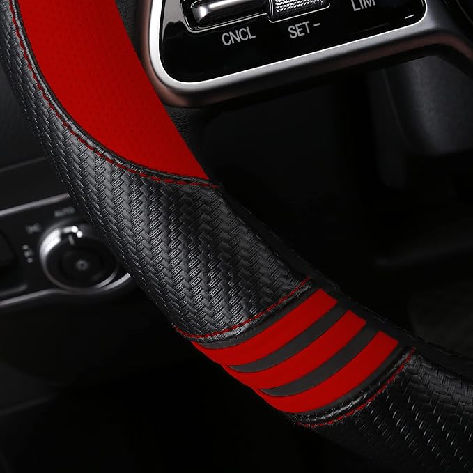 HighnessHwoo Car Steering Wheel Covers for Women Girl Padded Carbon Fiber PU Leather Cute Cartoon Auto Interior Accessories for Jeep, Truck, Universal, Anti Slip, Red, Large Size, 15.2-16in