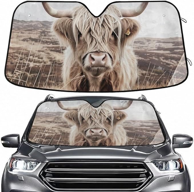 Windshield Sun Shade Highland Cattle Cow Mountain Front Window Block UV Shades Visor Reflective Retractable for Car SUV Trucks