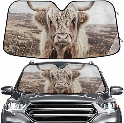 Windshield Sun Shade Highland Cattle Cow Mountain Front Window Block UV Shades Visor Reflective Retractable for Car SUV Trucks