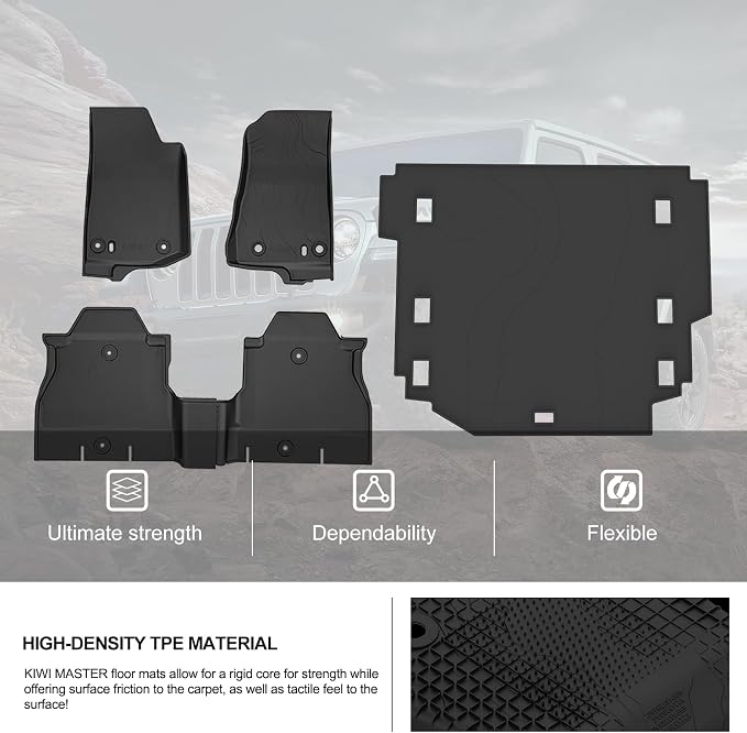Kiwi Master Floor Mats & Cargo Mat for 2018-2026 Jeep Wrangler JL 4-Door | Custom Fit, All Weather Mats, Heavy Duty TPE Floor Liners, Front Rear Trunk Set, Black